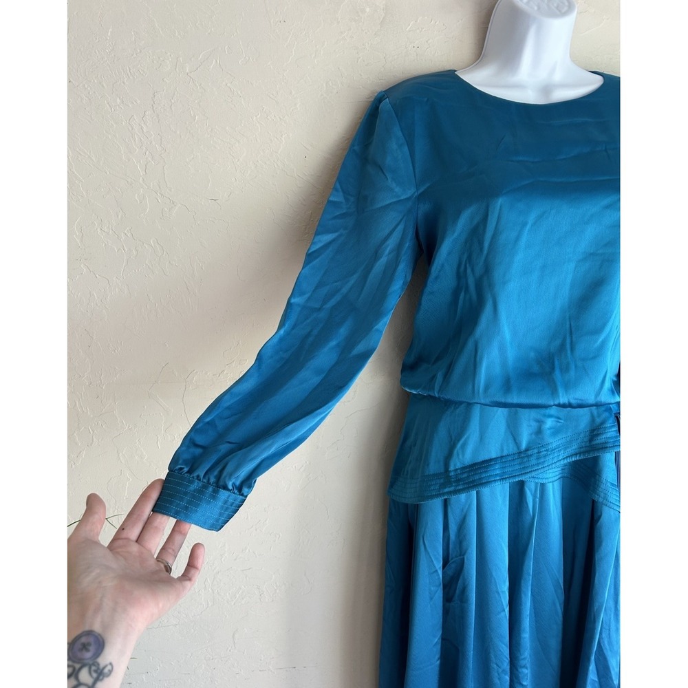 Vintage 70s 80s Joan Sparks Daniel Barrett Teal Satin Midi Dress‎ 8 Art Deco - Picture 4 of 13